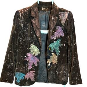 Lucy Brown Velvet Blazer with Hand Painted Colorful Leaf Design